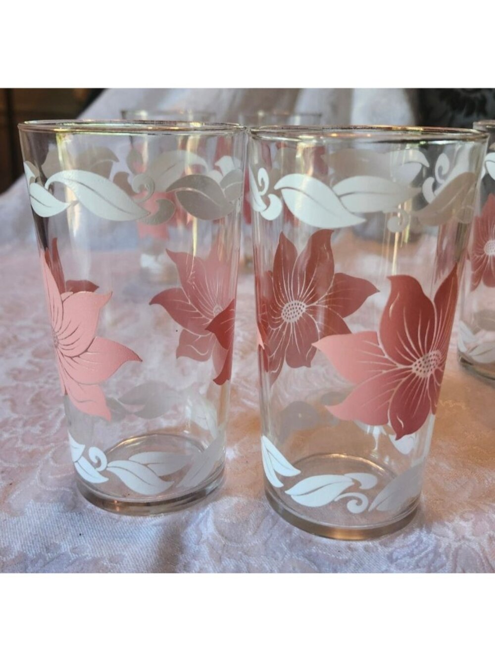 Vintage Pink & White Hibiscus Glass Tumblers Set Of 5 5-Inch Tall Floral Design - Picture 4 of 10